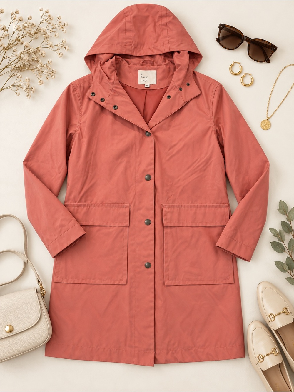 A New Day Mauve Water Resistant Hooded Raincoat Size M